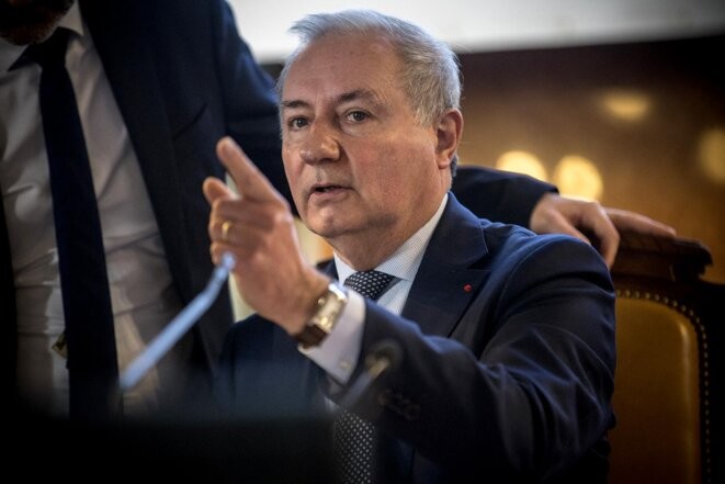 Jean-Luc Moudenc lors d’un Conseil Municipal de Toulouse le 29 mars 2024. © Photo Frederic Scheiber / Hans Lucas via AFP