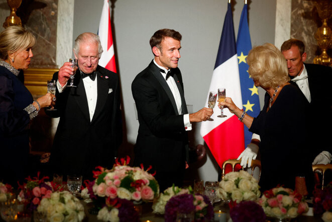 Dîner d'État organisé par Emmanuel Macron à Versailles, en l'honneur du roi d'Angleterre Charles III, le 20 septembre 2023. © Le Crédit : Photo Benoît Tessier / AFP